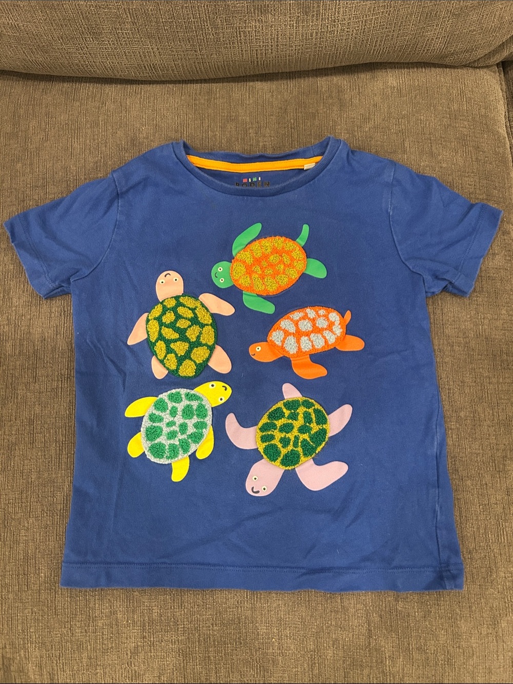 Mini Boden Blue Tee with Colorful Turtle Appliqués